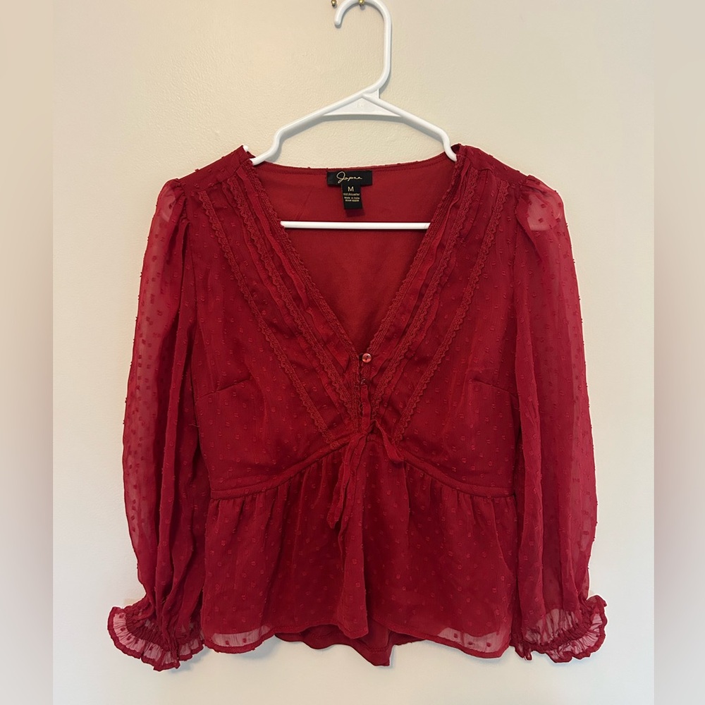 Japna Red Puff Sleeve Ruched Blouse